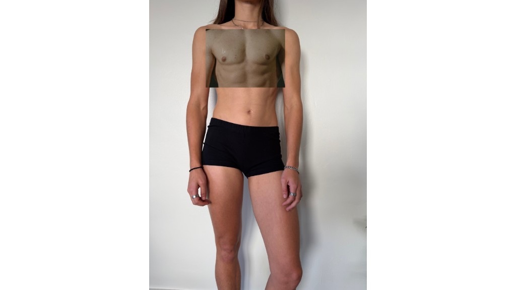 A woman's body with a man's chest photoshopped over it, highlighting the double standard of censorship